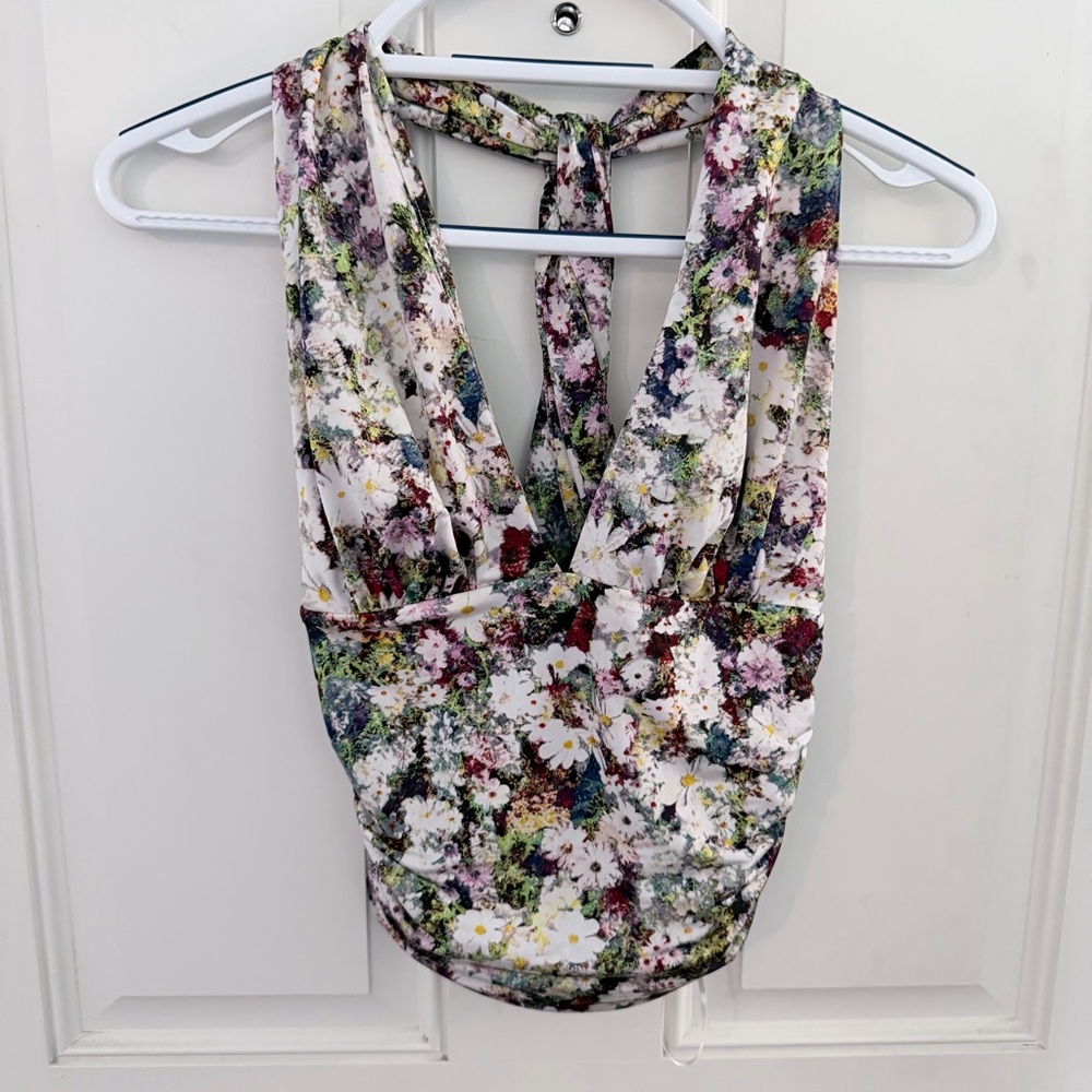 Guess Floral Halter Crop Top S | Y2K Cutout Back